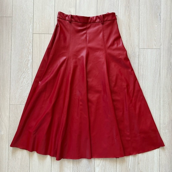 Zara Dresses & Skirts - Zara Faux Leather A-Line Flare Red Midi Skirt Women’s Size Medium